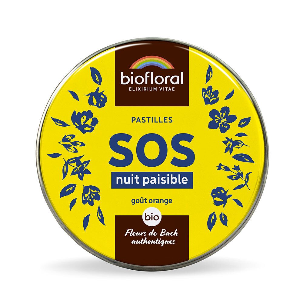 Boîte ronde jaune avec décor floral bleu. Inscription: SOS Nuit paisible, goût orange, bio. Marque: BIOFLORAL.