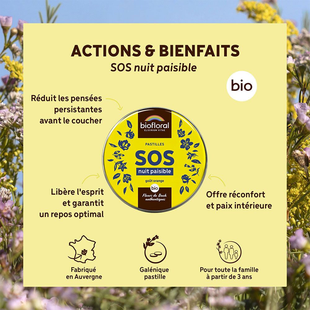 Fond jaune avec image du produit. Texte: Actions & Bienfaits, SOS nuit paisible, bio. Logos et texte en français.
