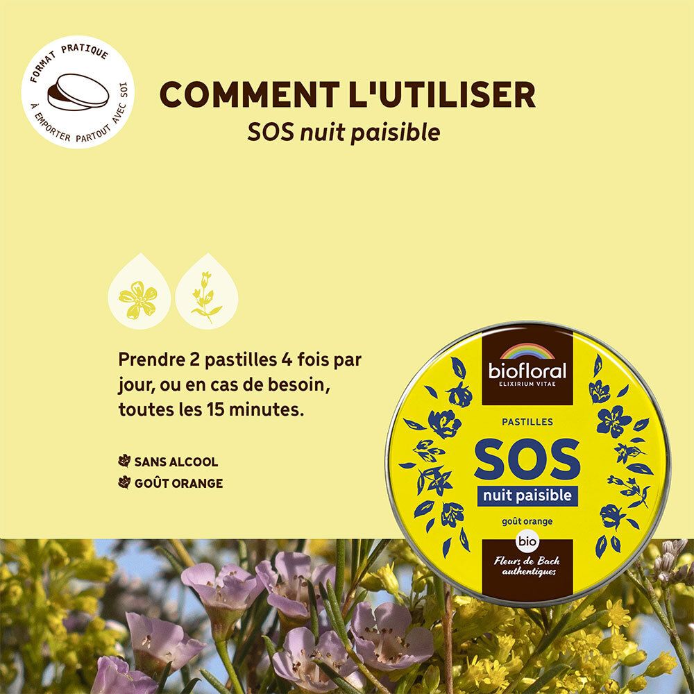 Fond jaune avec image du produit. Texte: Comment l'utiliser, SOS nuit paisible. Logos et texte en français.