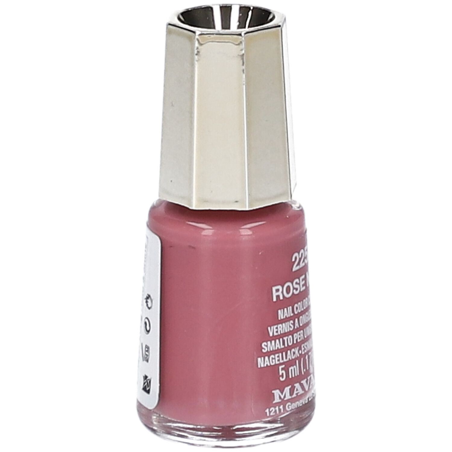 Nagellackflasche, rosa. Goldfarbener Deckel. Aufkleber mit Text und Symbolen. Super Long Hold & Shine.