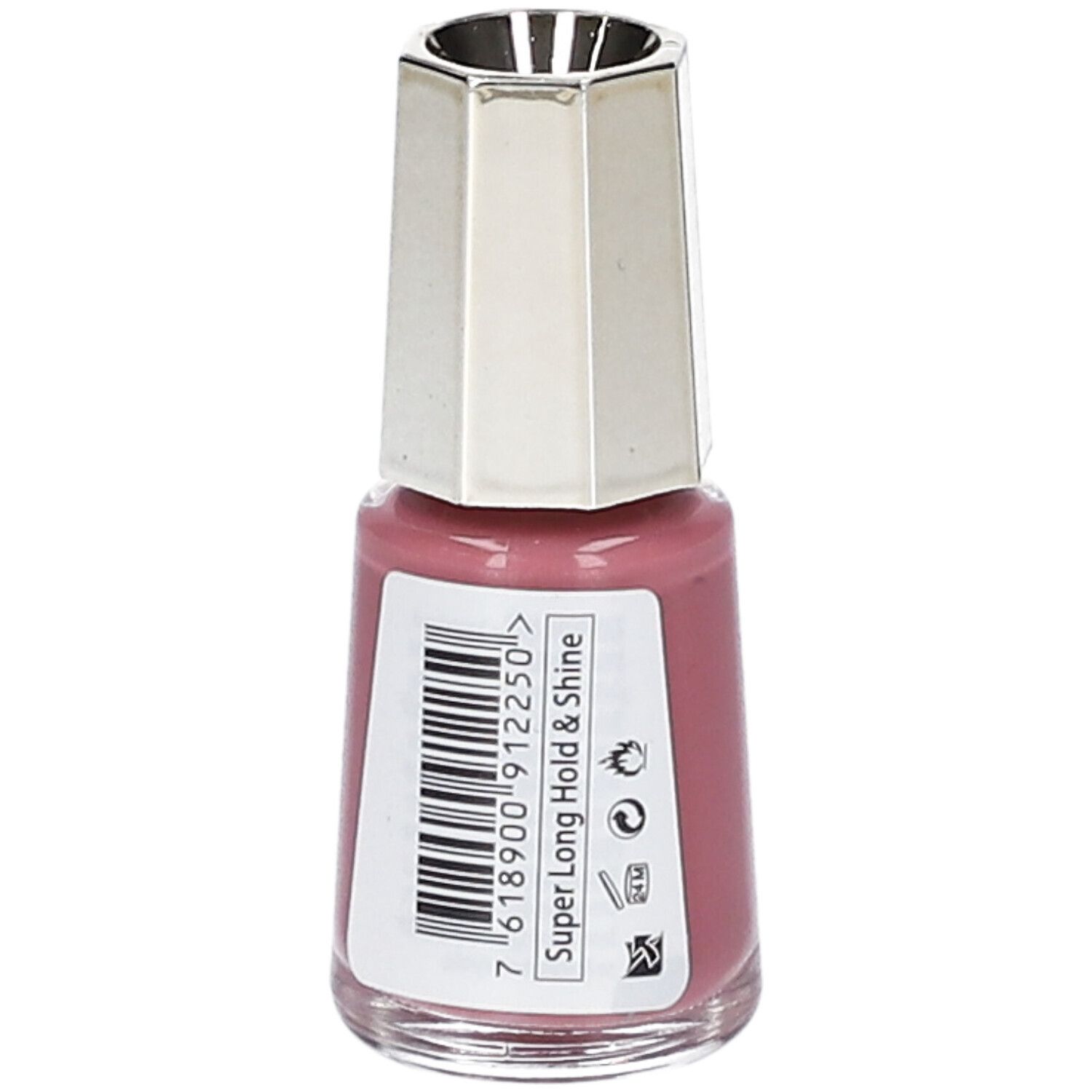 Nagellackflasche, rosa. Goldfarbener Deckel. Barcode-Etikett. Aufschrift: Super Long Hold & Shine.