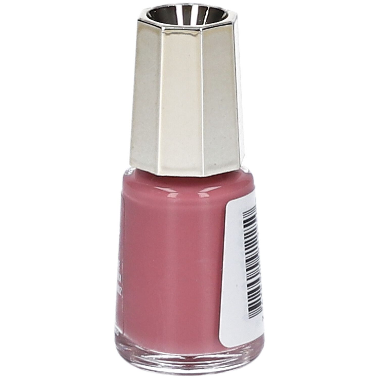 Nagellackflasche, rosa. Goldfarbener Deckel. Etikett mit Barcode. Produktansicht.