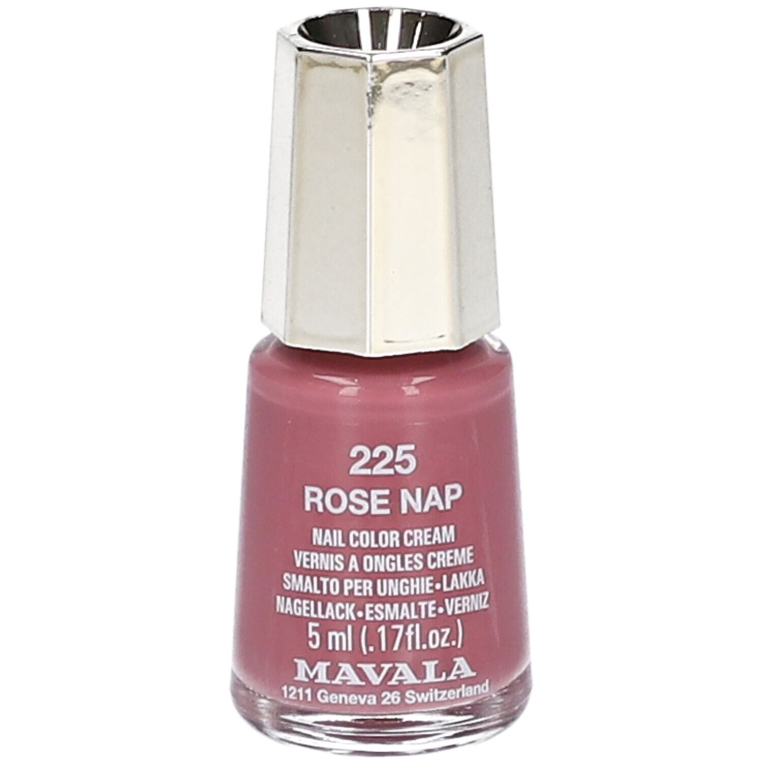 Nagellackflasche, rosa Farbton. Goldfarbener Deckel. Aufschrift: 225 Rose Nap, 5 ml.