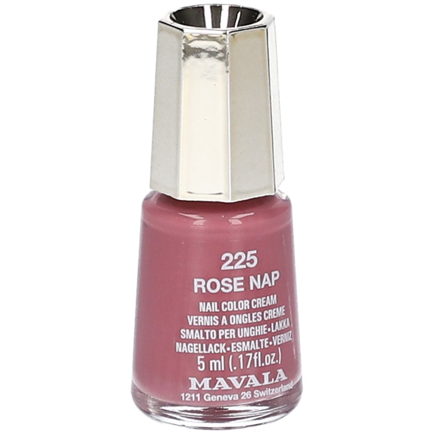 Nagellackflasche, rosa Farbton. Goldfarbener Deckel. Aufschrift: 225 Rose Nap, 5 ml.