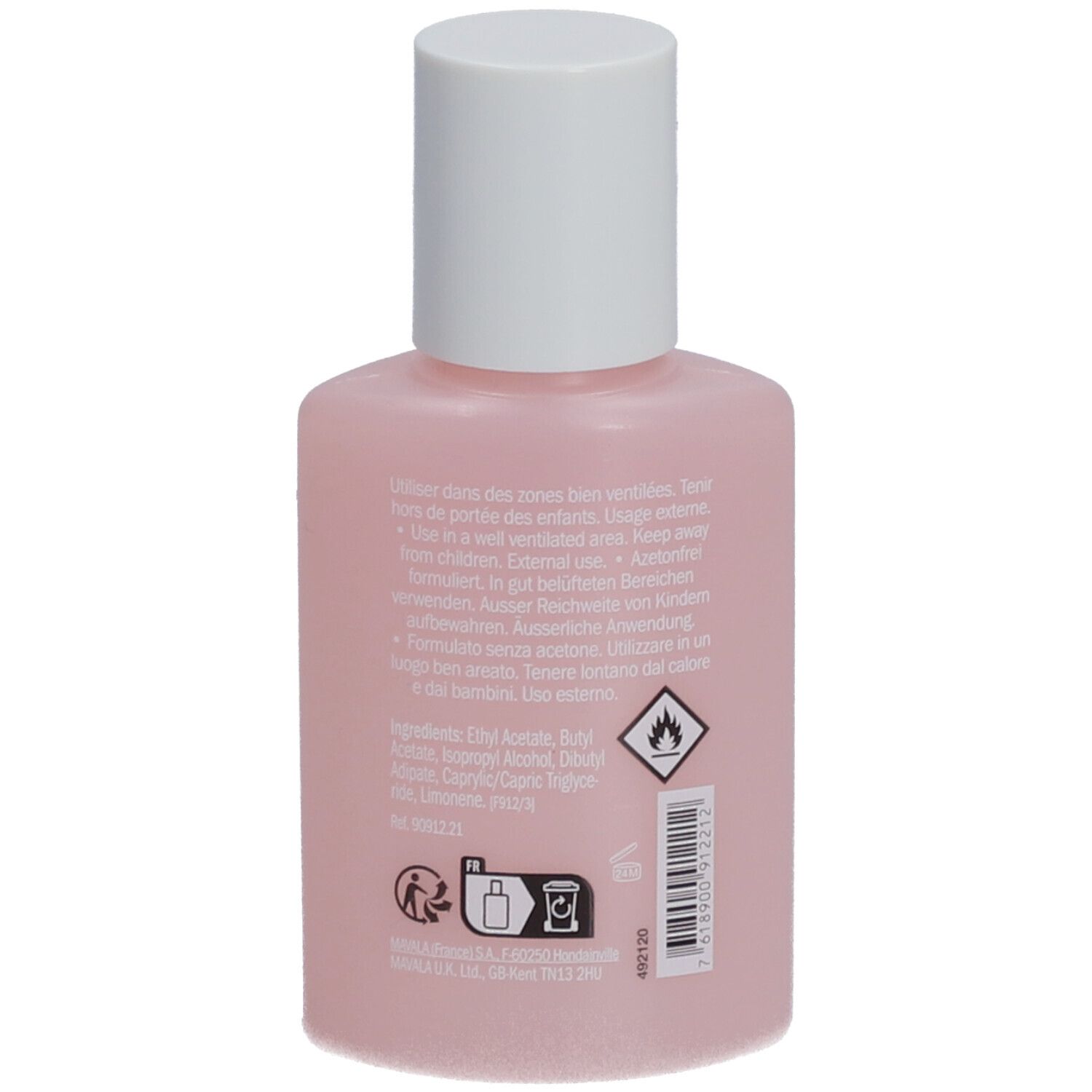 Dos du flacon rose avec bouchon blanc. Texte et symboles sur l'étiquette.