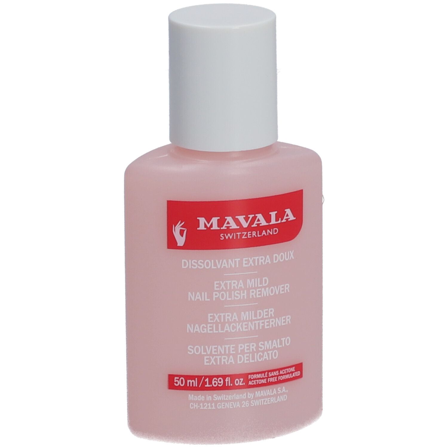 Flacon rose avec bouchon blanc. Étiquette "Mavala Switzerland" et nom du produit.