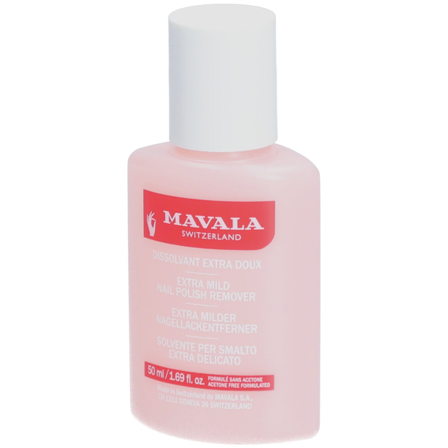 Flacon rose avec bouchon blanc. Étiquette "Mavala Switzerland" et nom du produit.