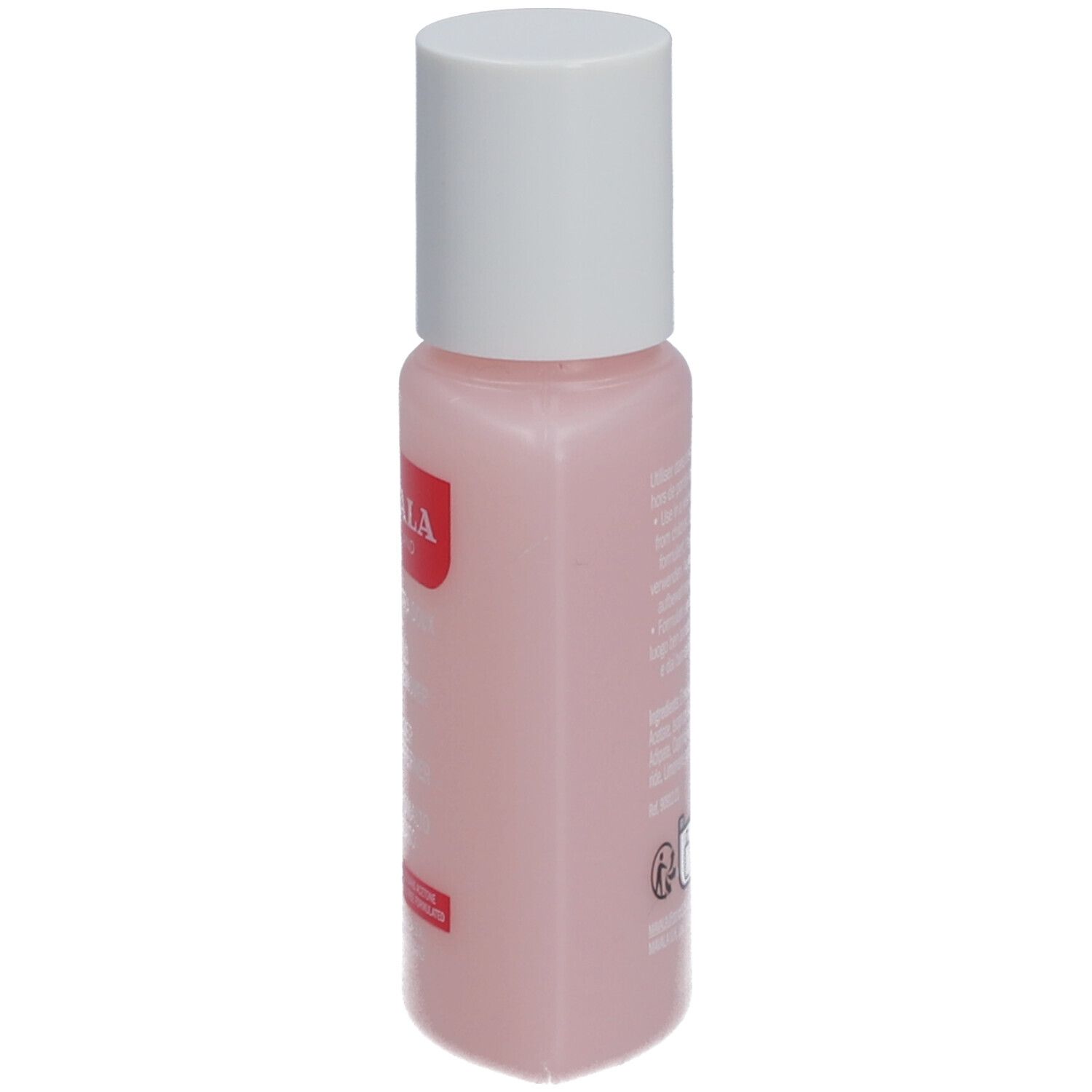 Flacon rose avec bouchon blanc, vue latérale. Étiquette avec texte.