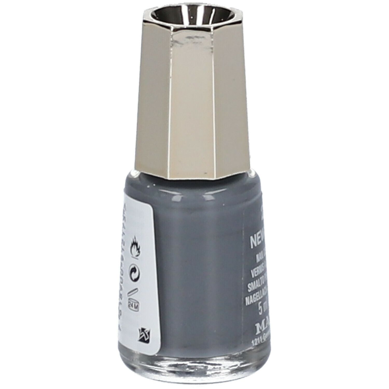 Flacon de vernis à ongles gris. Bouchon argenté. Autocollant avec texte et symboles. Marque: MAVALA.