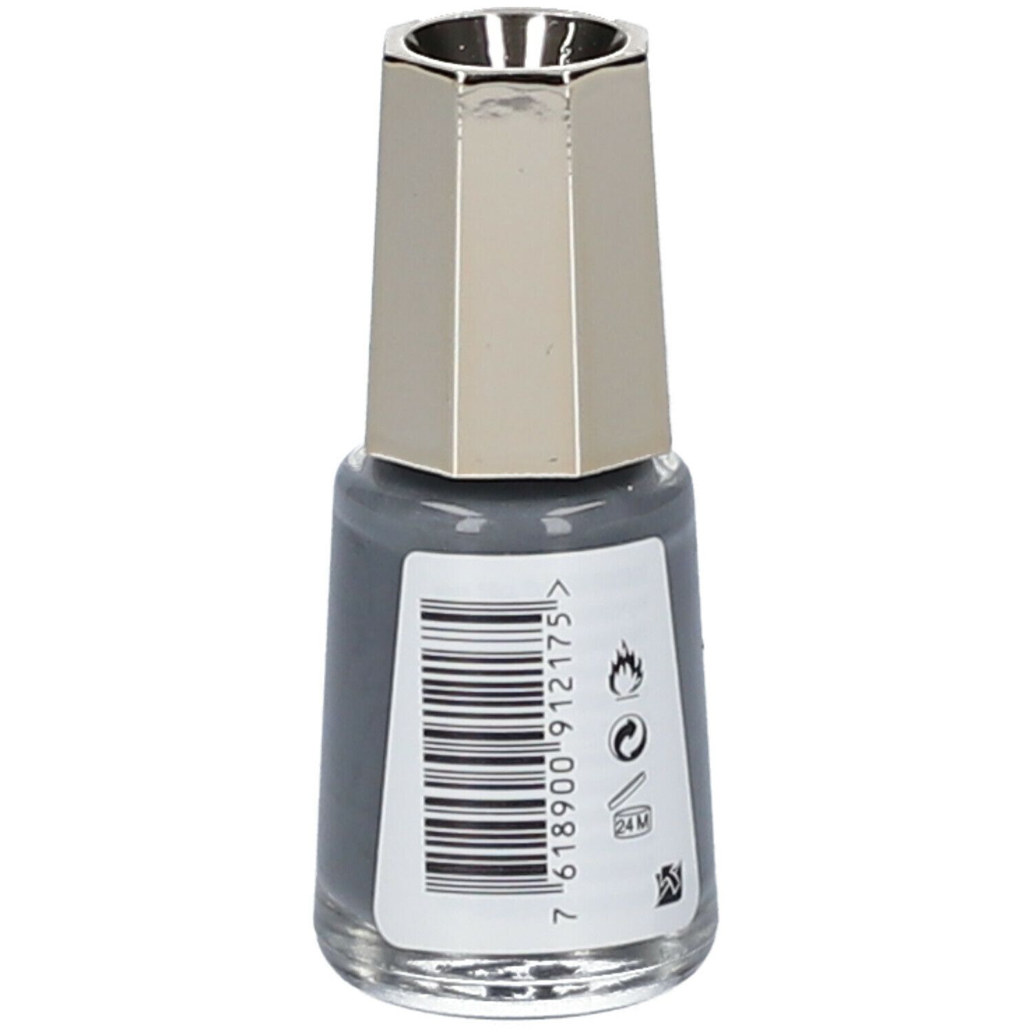Flacon de vernis à ongles gris. Bouchon argenté. Autocollant avec code-barres et texte. Marque: MAVALA.