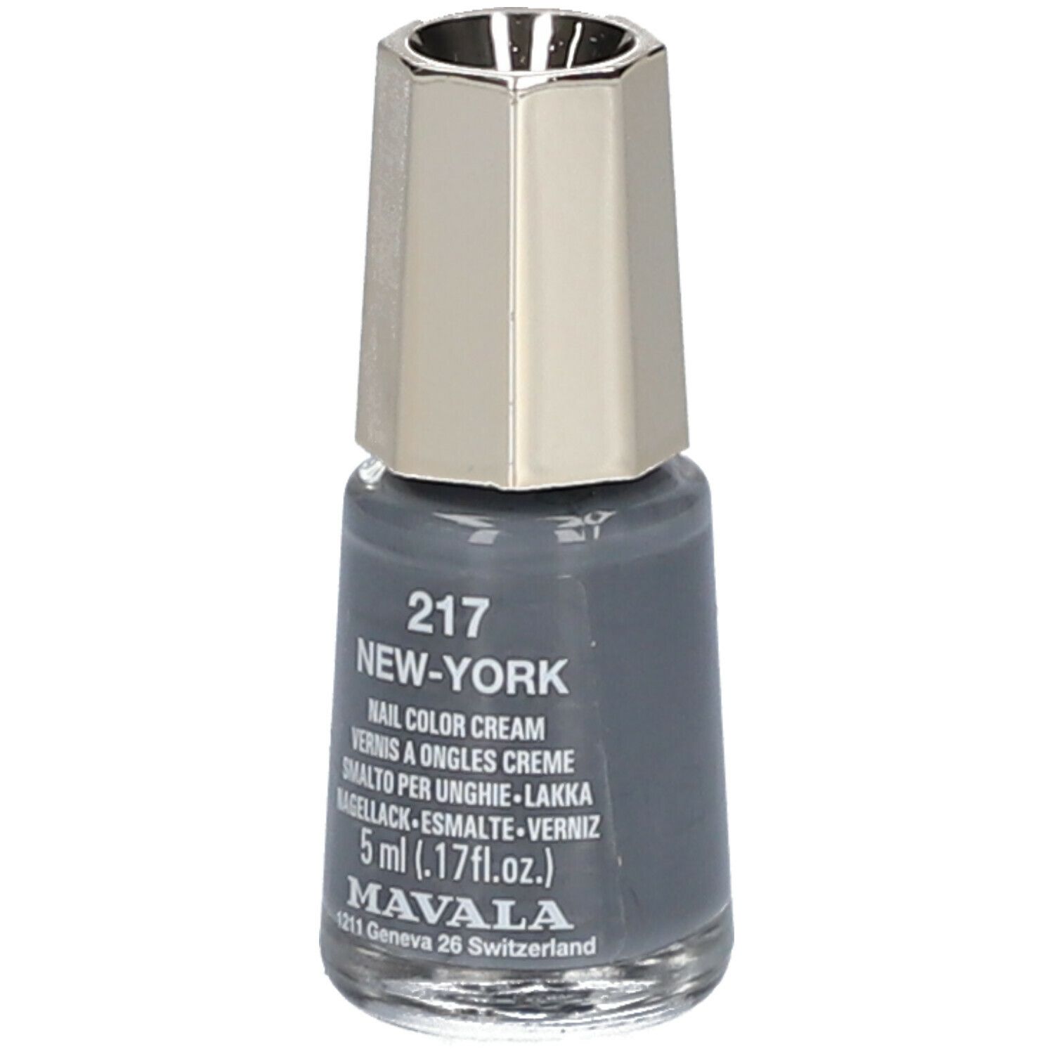 Flacon de vernis à ongles gris. Bouchon argenté. Inscription: 217 New-York, Nail Color Cream, 5 ml. Marque: MAVALA.