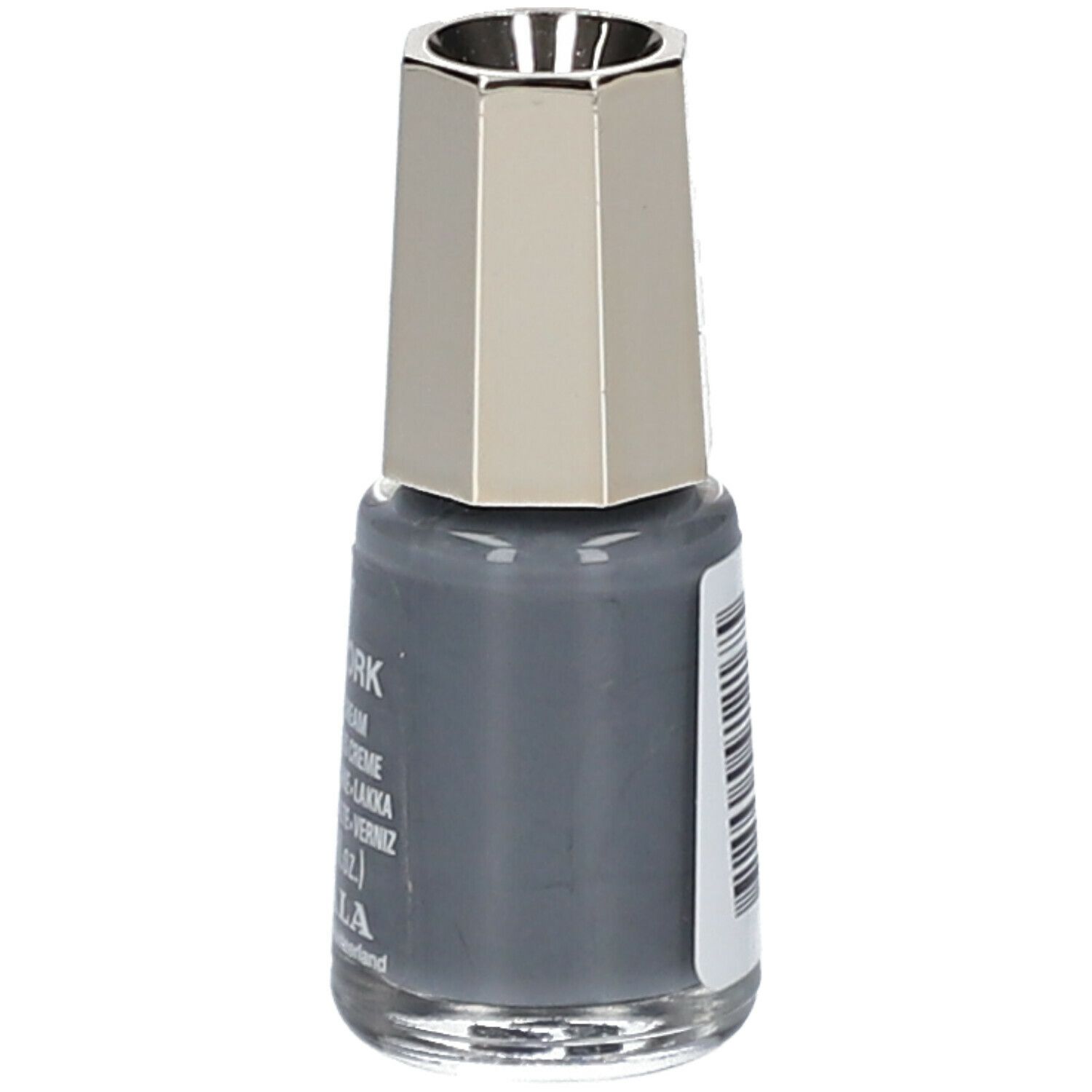 Flacon de vernis à ongles gris. Bouchon argenté. Autocollant avec texte. Marque: MAVALA.