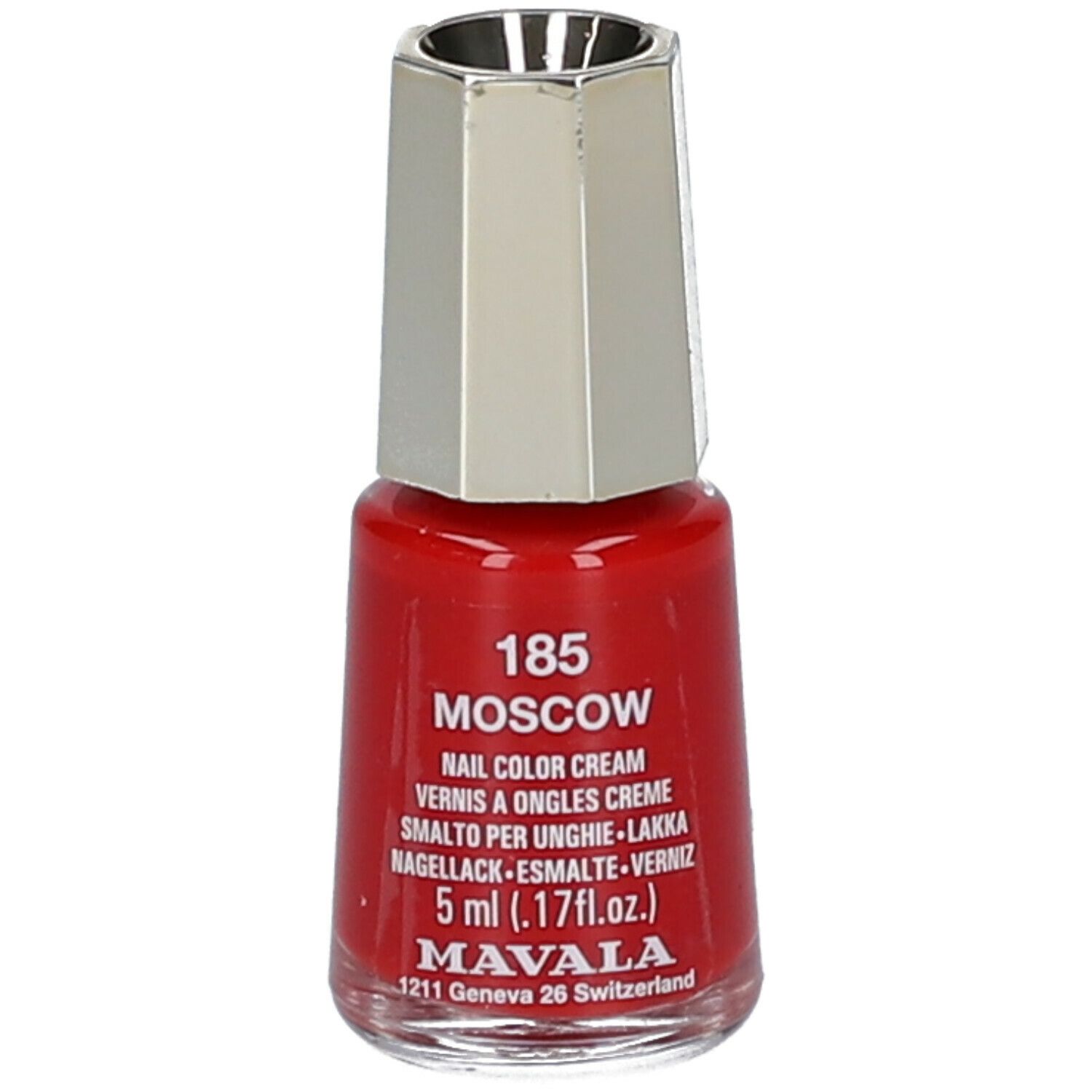 Roter Nagellackflakon mit silberfarbenem Deckel. Beschriftung: 185 Moskau, MAVALA, 5 ml.