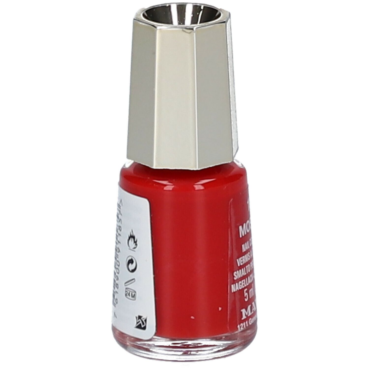 Roter Nagellackflakon mit silberfarbenem Deckel. Aufkleber mit Informationen und Symbolen.