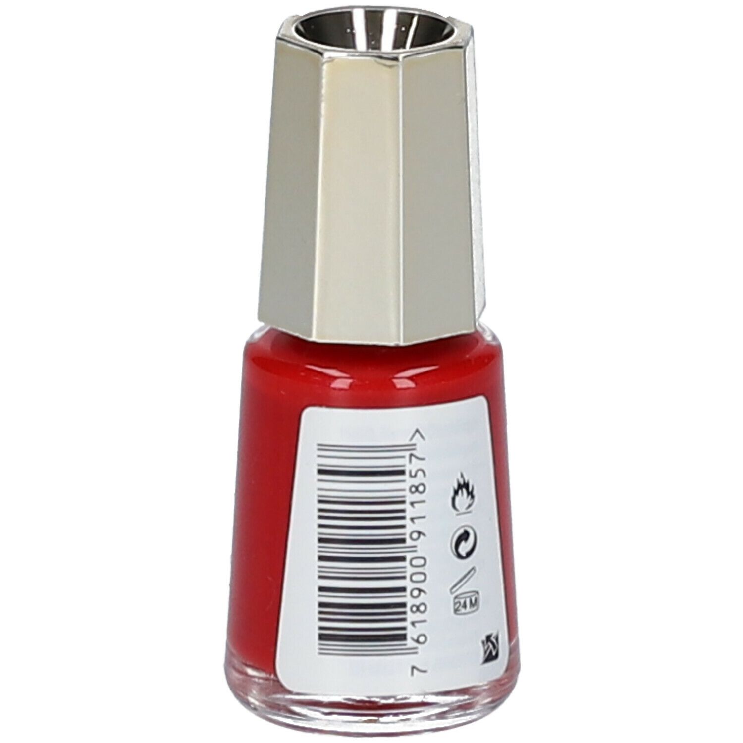 Roter Nagellackflakon mit silberfarbenem Deckel. Aufkleber mit Barcode und Symbolen.