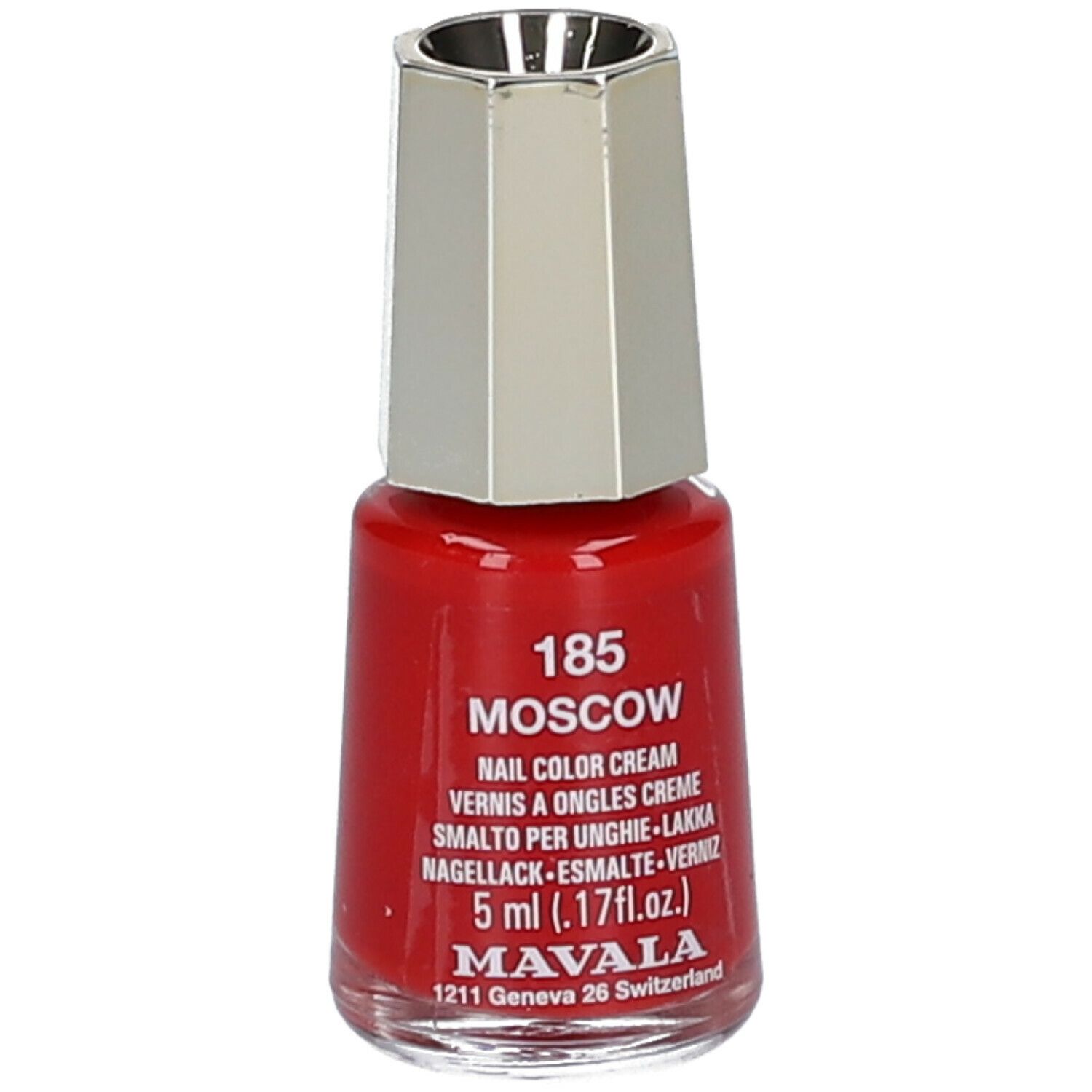 Roter Nagellackflakon mit silberfarbenem Deckel. Beschriftung: 185 Moskau, MAVALA, 5 ml.