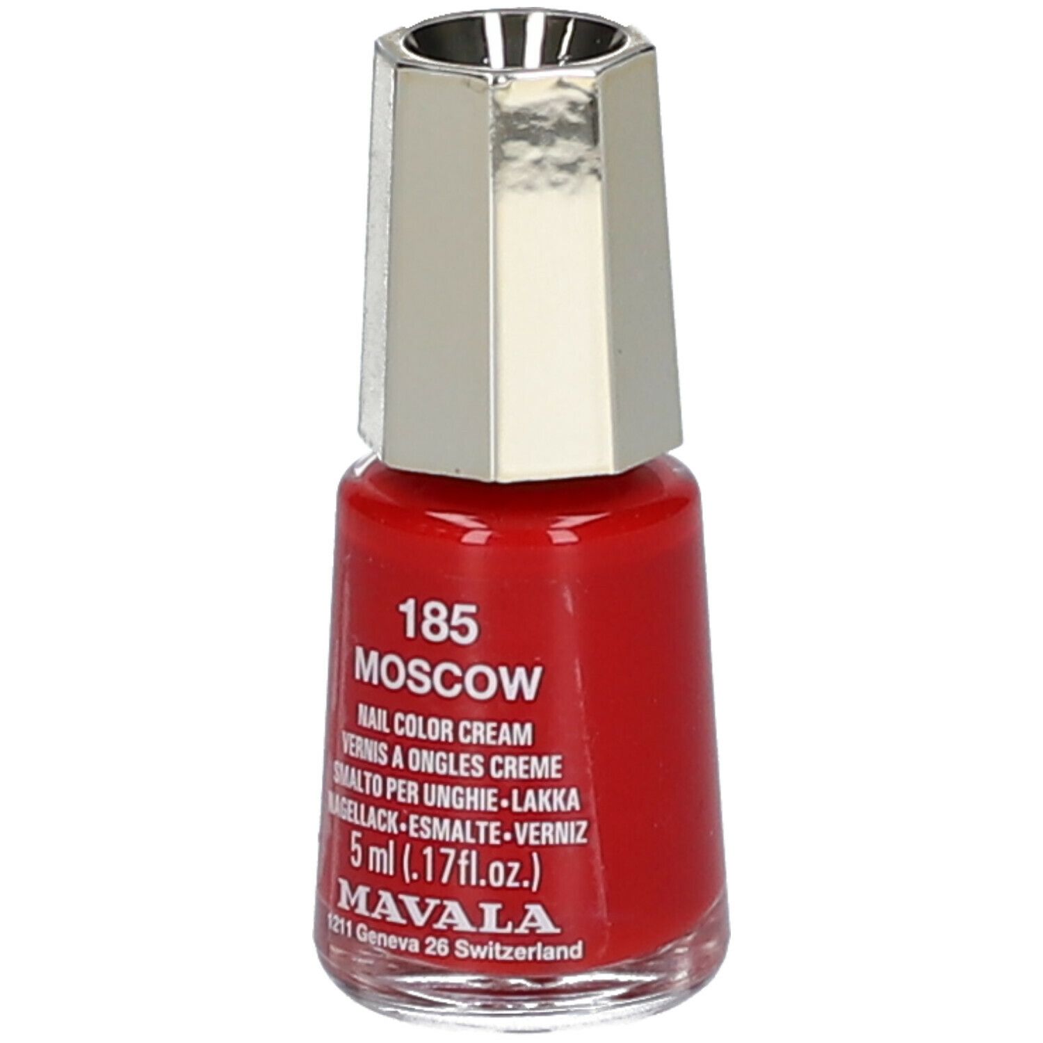 Roter Nagellackflakon mit silberfarbenem Deckel. Beschriftung: 185 Moskau, MAVALA, 5 ml.