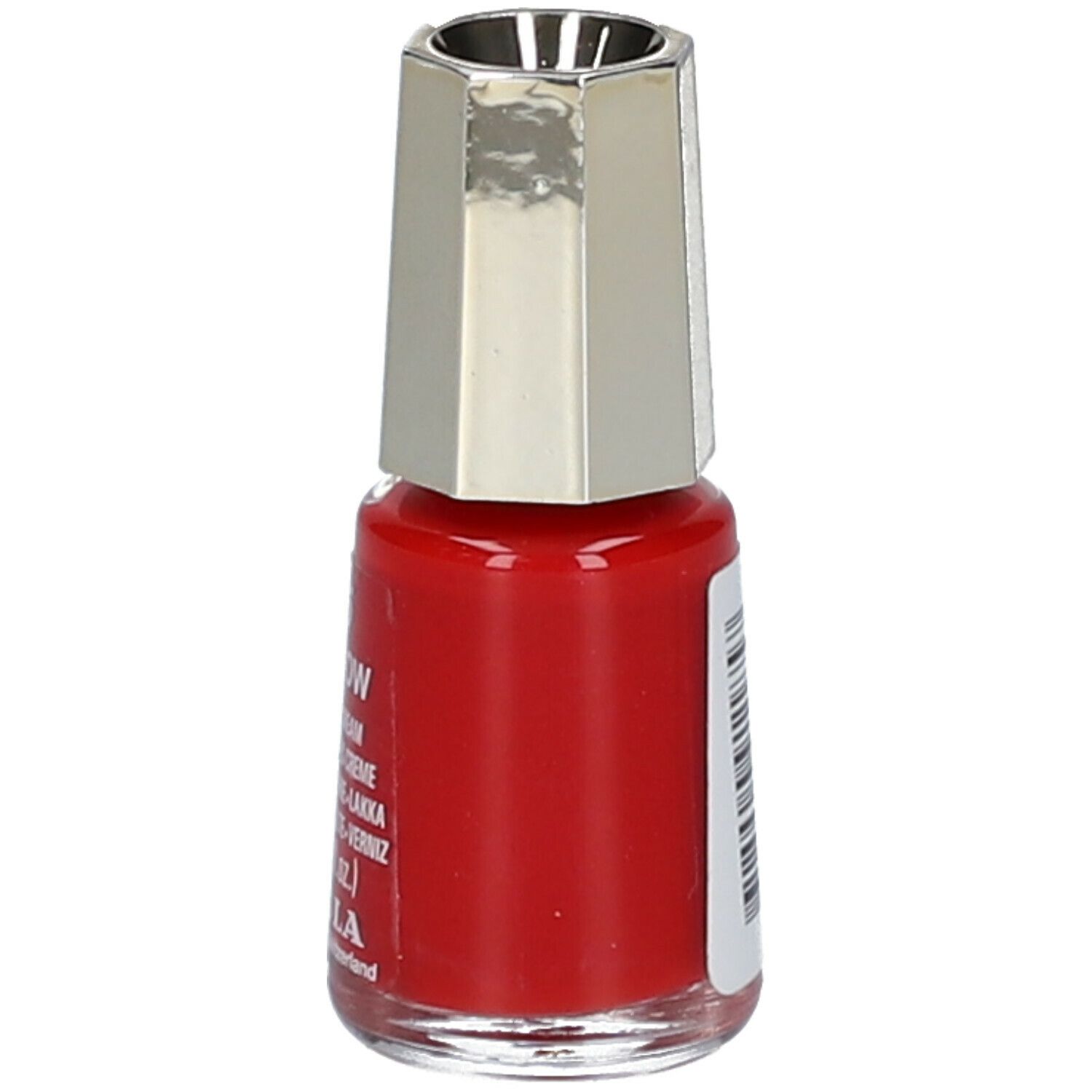 Roter Nagellackflakon mit silberfarbenem Deckel. Beschriftung: 185 Moskau, MAVALA, 5 ml.