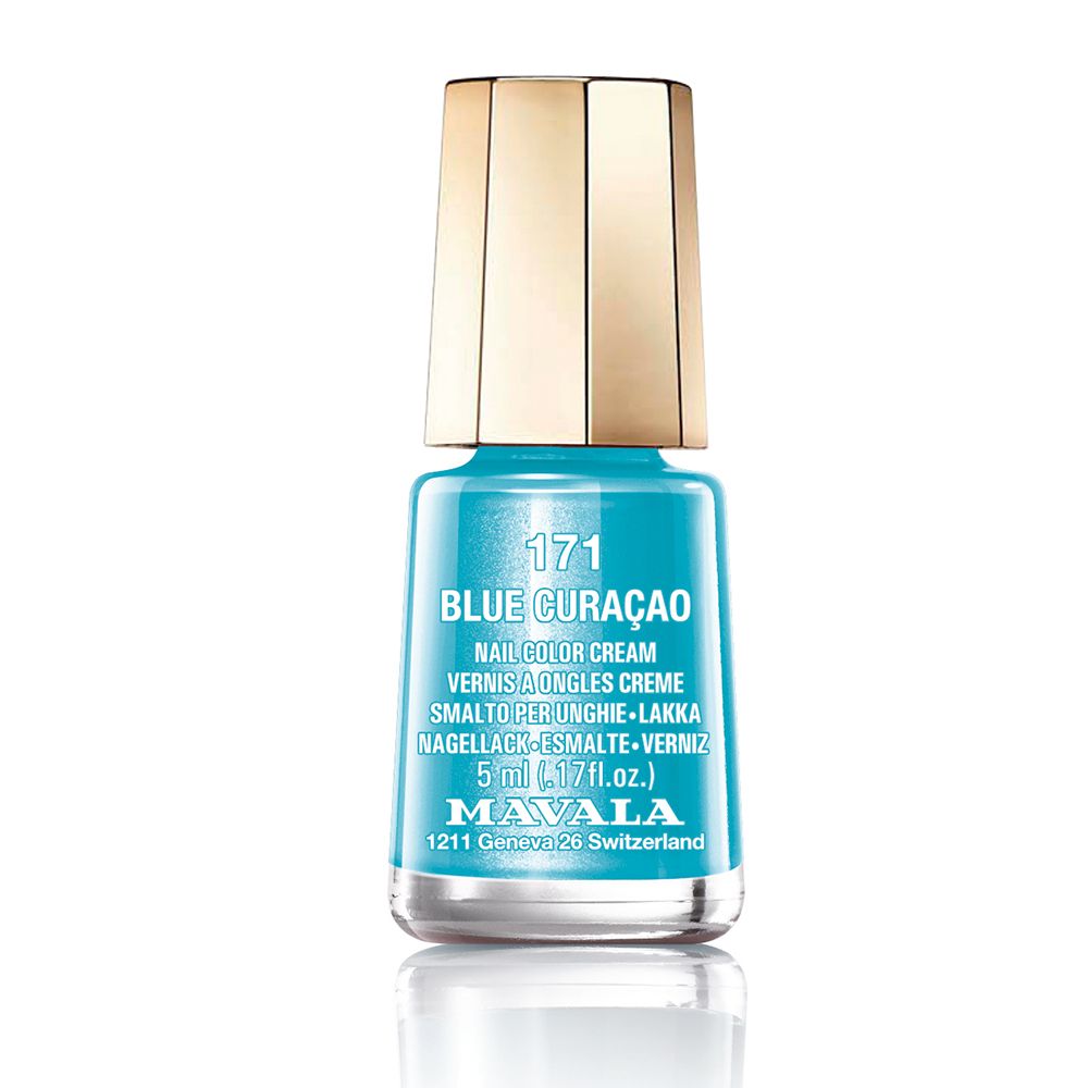 Vernis à ongles bleu turquoise Mavala. Flacon avec bouchon doré. Inscription: Blue Curaçao, 5 ml.