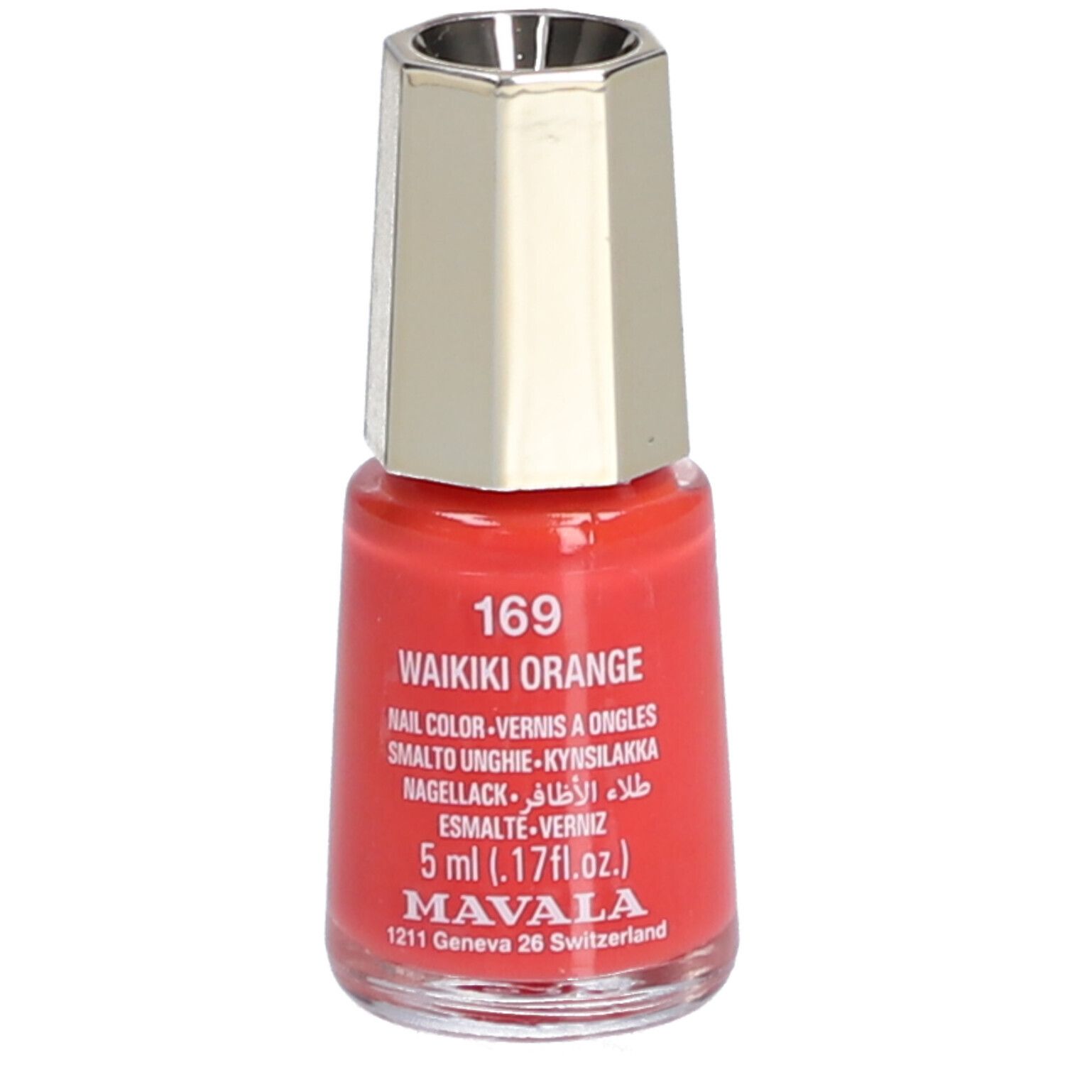 Flacon de vernis à ongles orange. Bouchon doré. Inscription : 169 Waikiki Orange, 5 ml, Mavala.