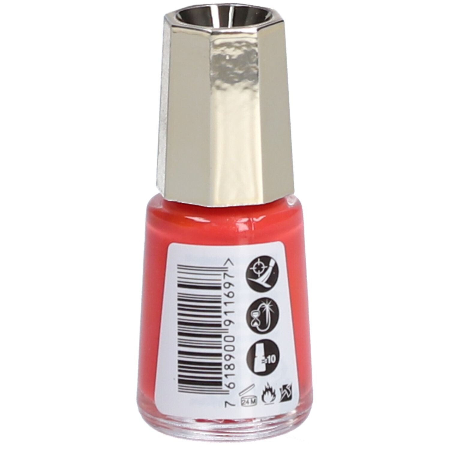 Flacon de vernis à ongles orange. Bouchon doré. Code-barres et symboles au dos.