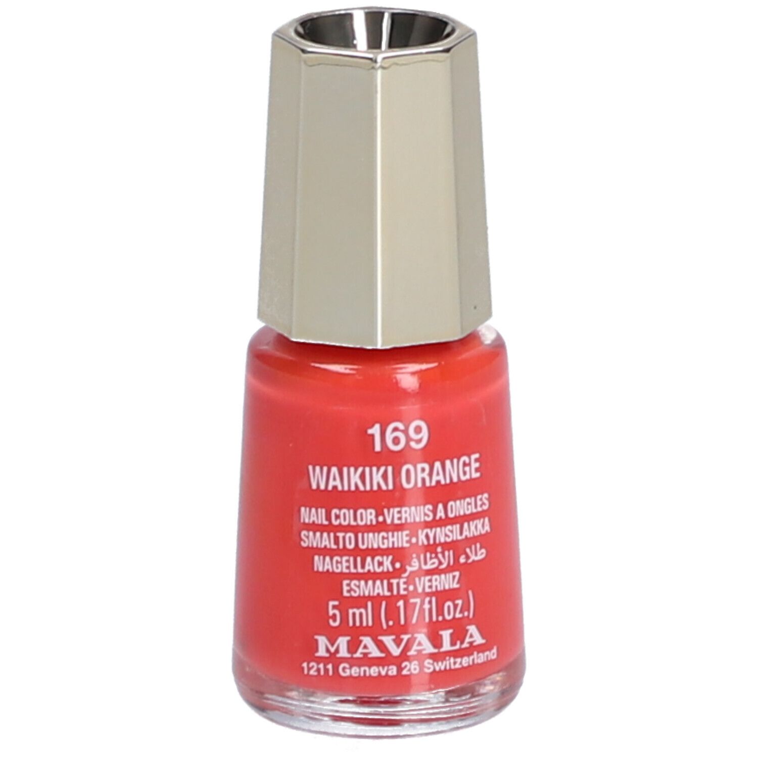Flacon de vernis à ongles orange. Bouchon doré. Inscription : 169 Waikiki Orange, 5 ml, Mavala.