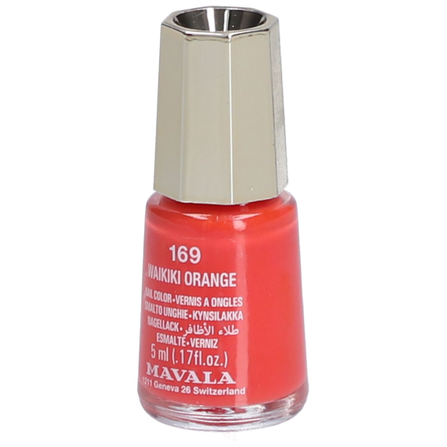 Flacon de vernis à ongles orange. Bouchon doré. Inscription : 169 Waikiki Orange, 5 ml, Mavala.