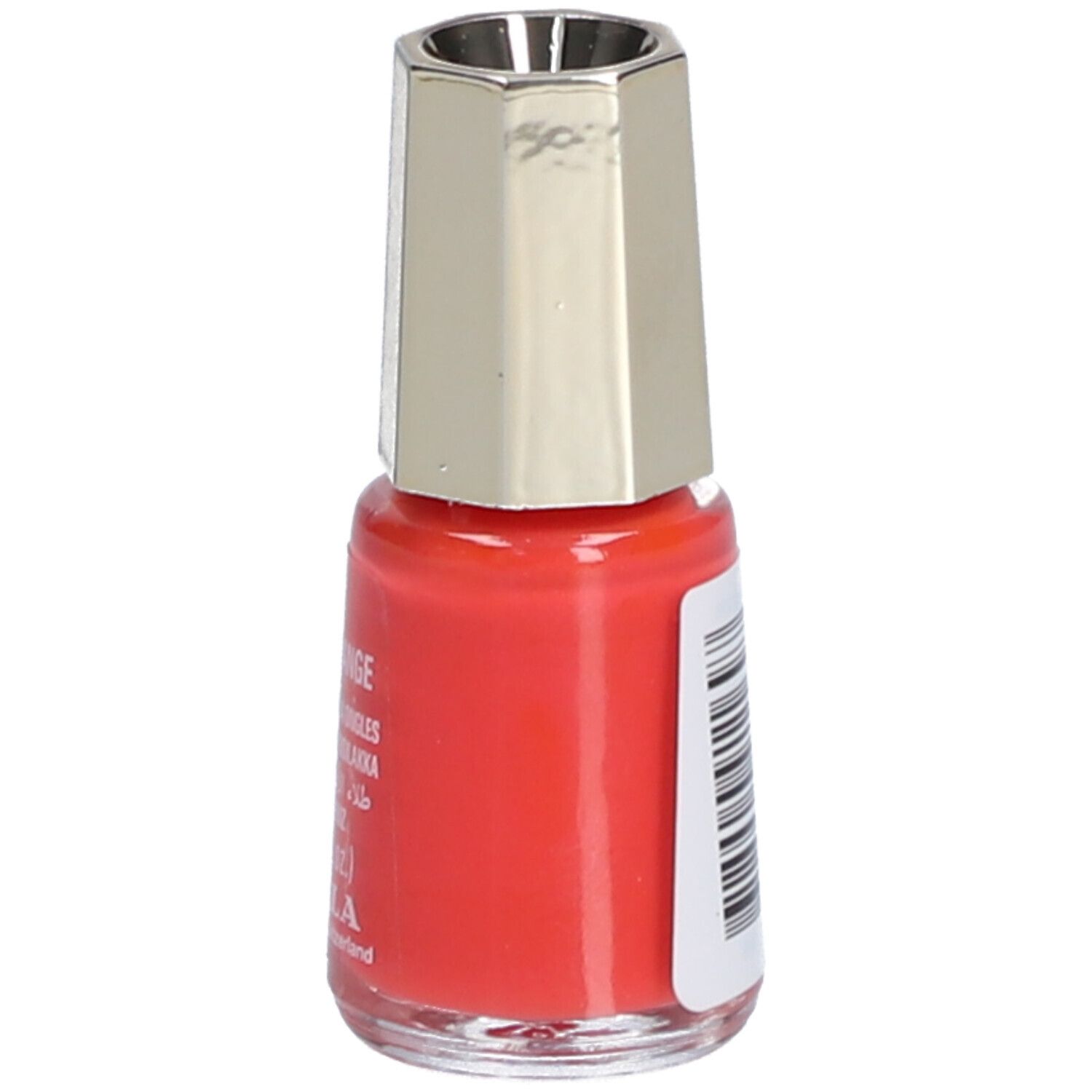 Flacon de vernis à ongles orange. Bouchon doré. Sur le côté, avertissements et symboles.