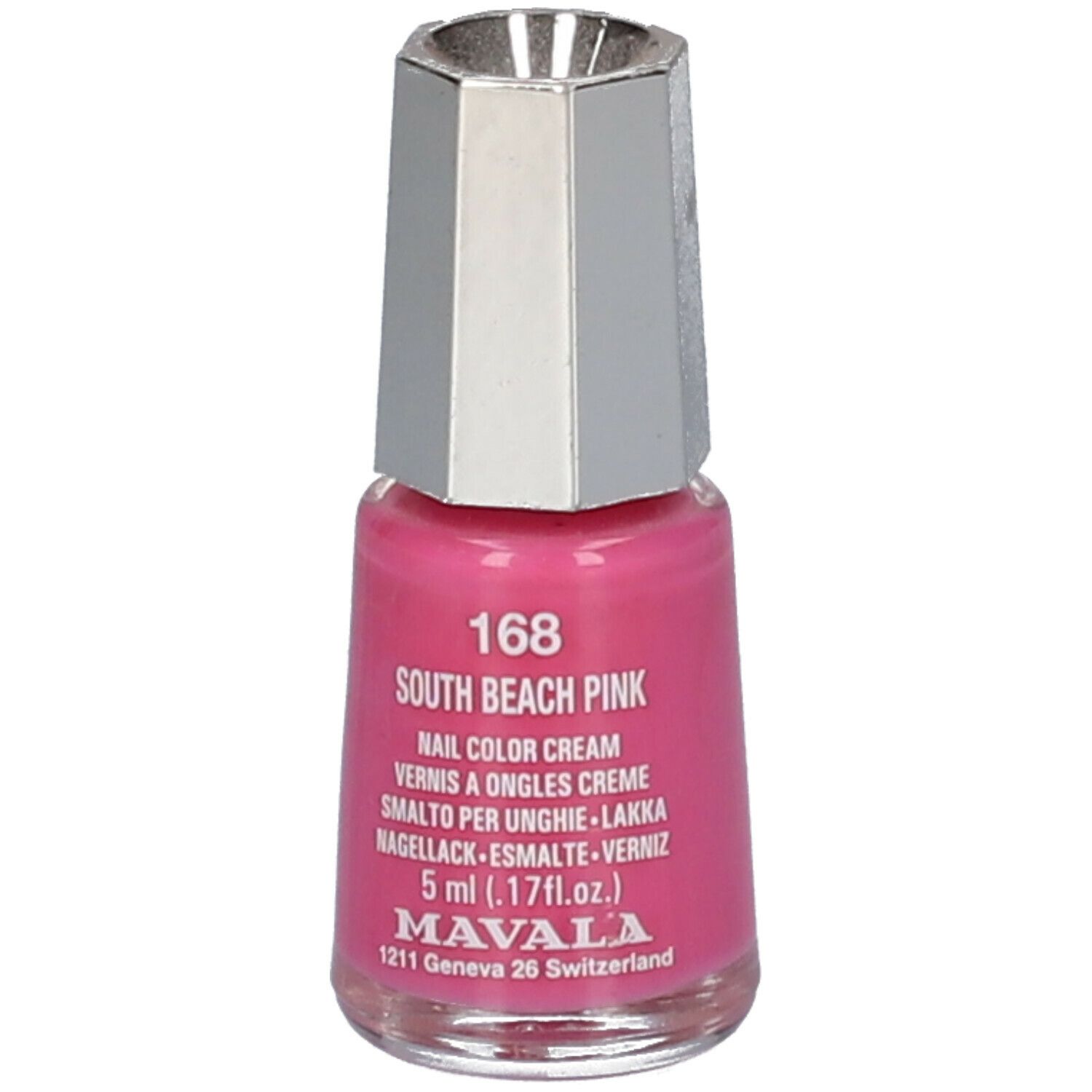 Nagellackflasche, pinkfarben, mit silberfarbenem Deckel. Aufschrift: 168 South Beach Pink, Nail Color Cream, 5 ml, MAVALA.