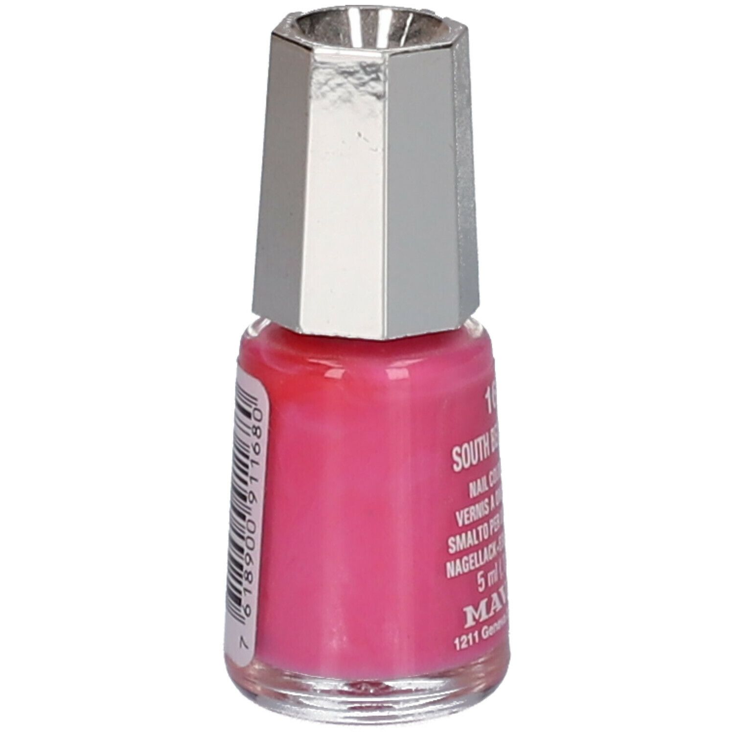 Nagellackflasche, pinkfarben, mit silberfarbenem Deckel. Auf der Rückseite Barcode und Produktinformationen.
