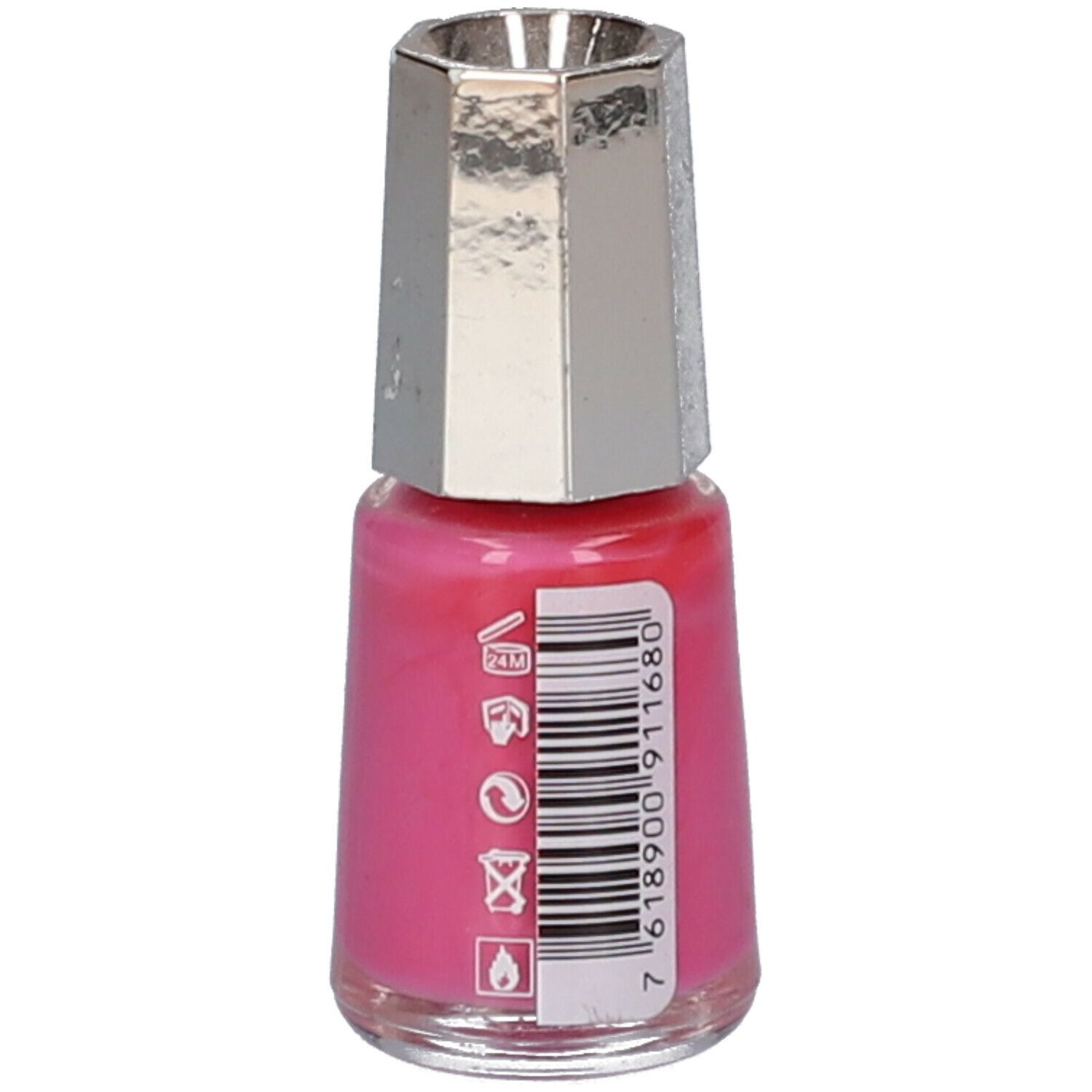 Nagellackflasche, pinkfarben, mit silberfarbenem Deckel. Rückseite mit Barcode und Piktogrammen.