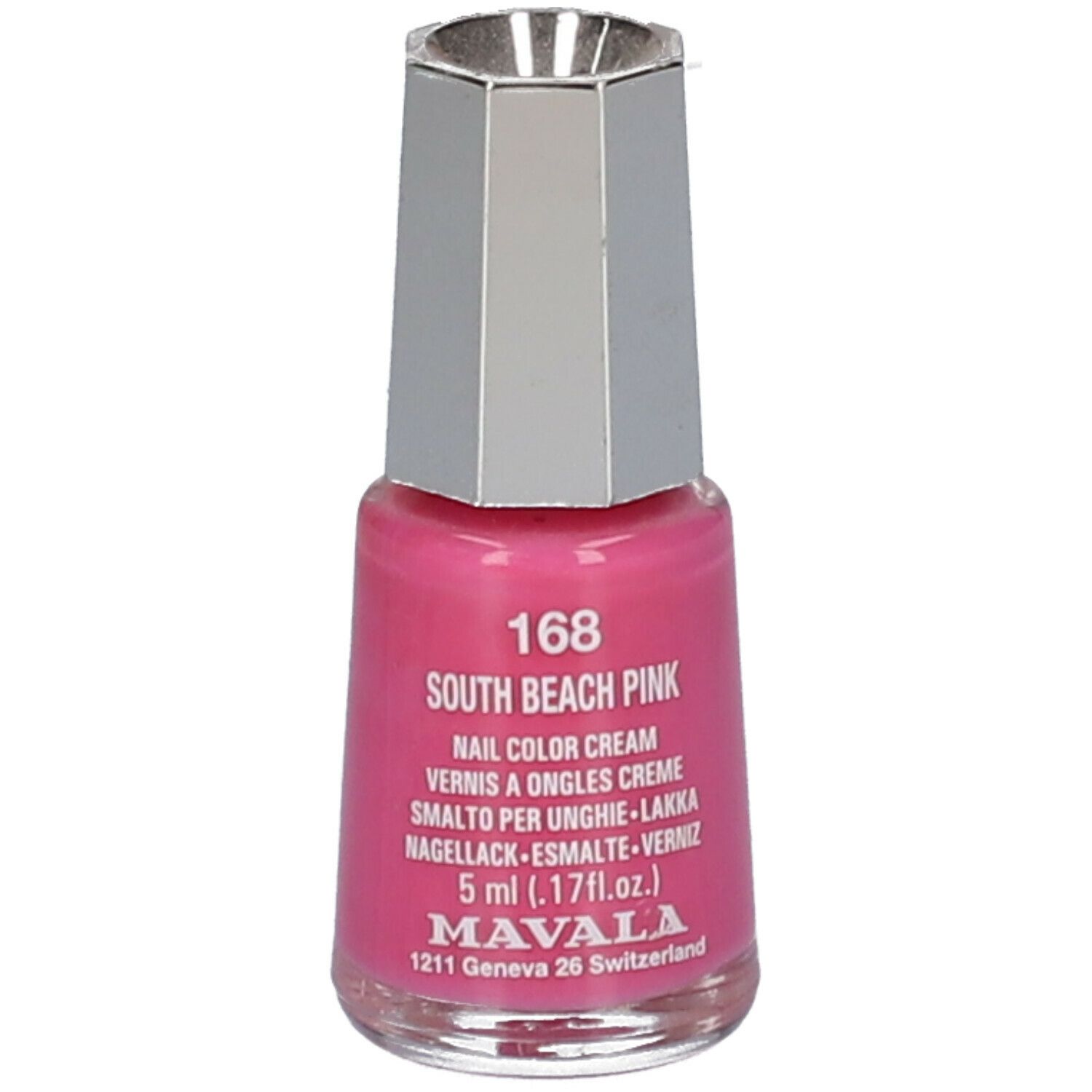 Nagellackflasche, pinkfarben, mit silberfarbenem Deckel. Aufschrift: 168 South Beach Pink, Nail Color Cream, 5 ml, MAVALA.