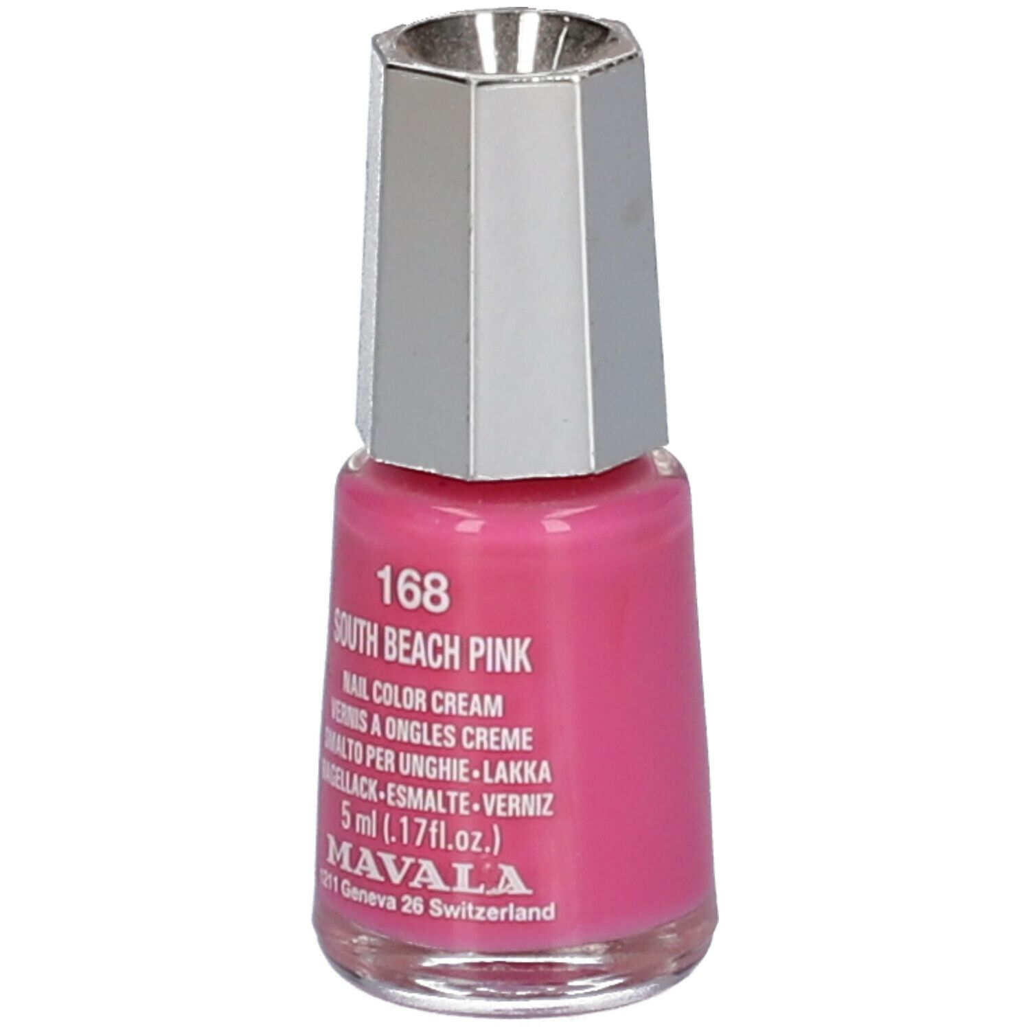 Nagellackflasche, pinkfarben, mit silberfarbenem Deckel. Aufschrift: 168 South Beach Pink, Nail Color Cream, 5 ml, MAVALA.