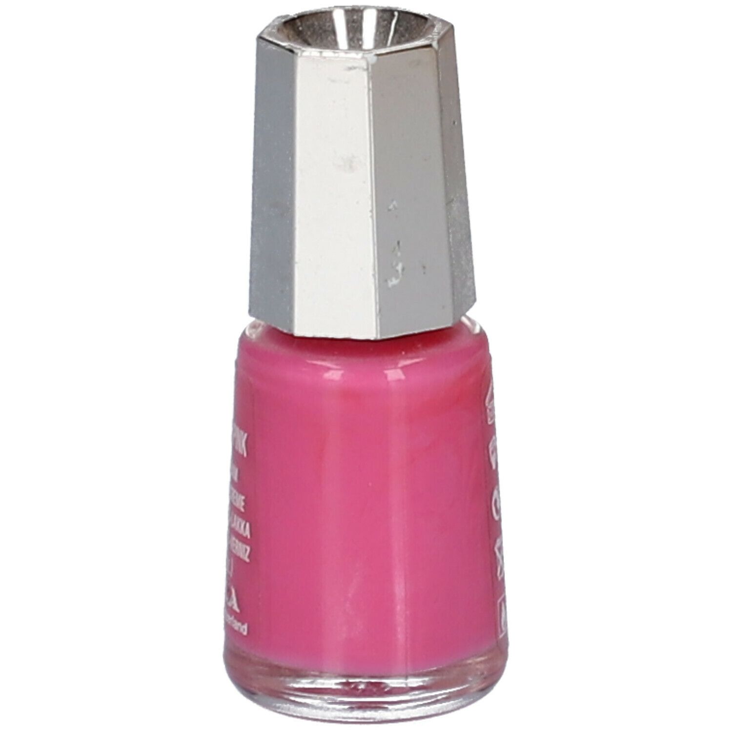 Nagellackflasche, pinkfarben, mit silberfarbenem Deckel. Aufschrift: MAVALA, 1211 Geneva 26 Switzerland.