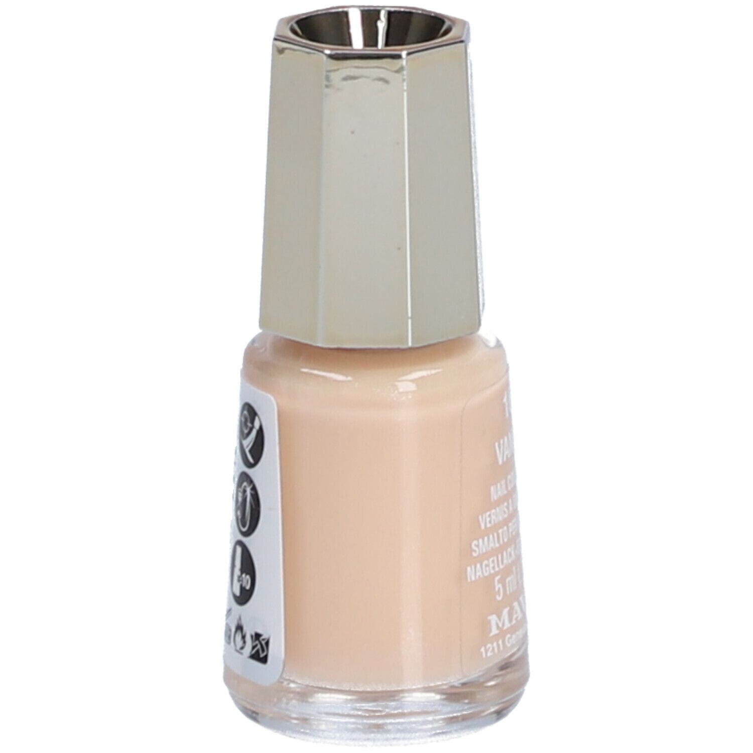 Nagellakflesje, crème vanille kleur. Zilverkleurige dop. Sticker met symbolen en tekst.