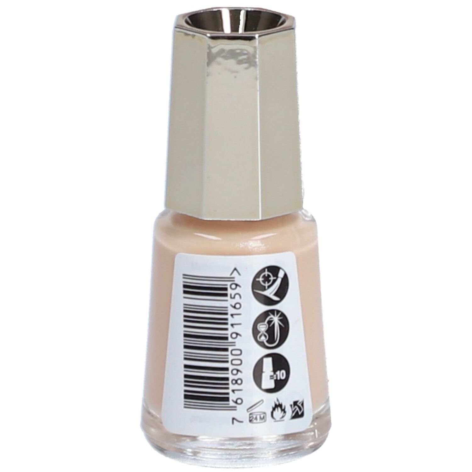 Nagellakflesje, crème vanille kleur. Zilverkleurige dop. Barcode en symbolen op het etiket.