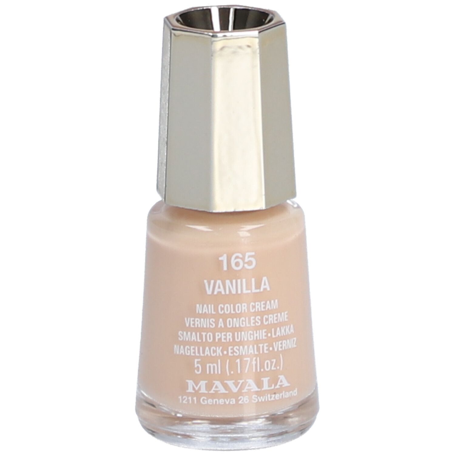 Nagellakflesje, crème vanille kleur. Zilverkleurige dop. Opschrift: 165 VANILLA, 5 ml, MAVALA.