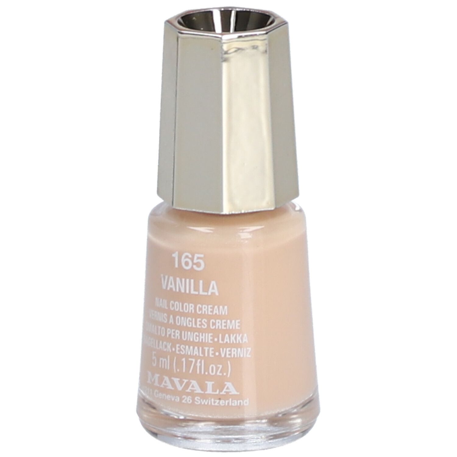 Nagellakflesje, crème vanille kleur. Zilverkleurige dop. Opschrift: 165 VANILLA, 5 ml, MAVALA.