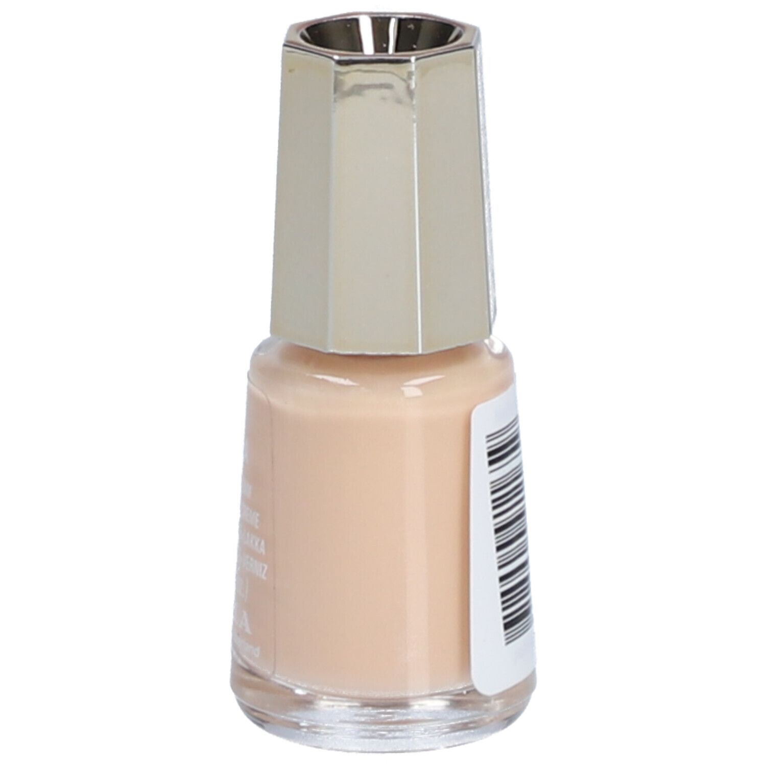 Nagellakflesje, crème vanille kleur. Zilverkleurige dop. Etiket met tekst en barcode.