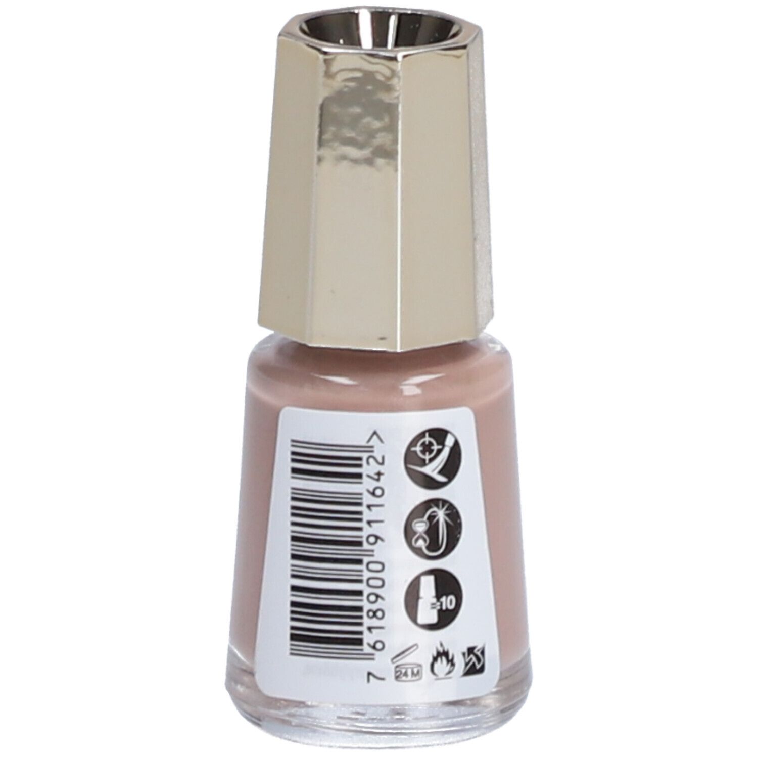 Nagellackflasche, Creme Pink Dust. Goldfarbener Deckel. Barcode und Symbole auf der Rückseite. Mavala.