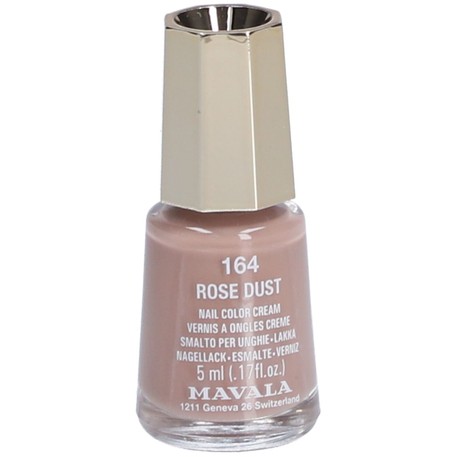 Nagellackflasche, Creme Pink Dust, 5 ml. Goldfarbener Deckel. Aufschrift: 164 Rose Dust, Mavala.