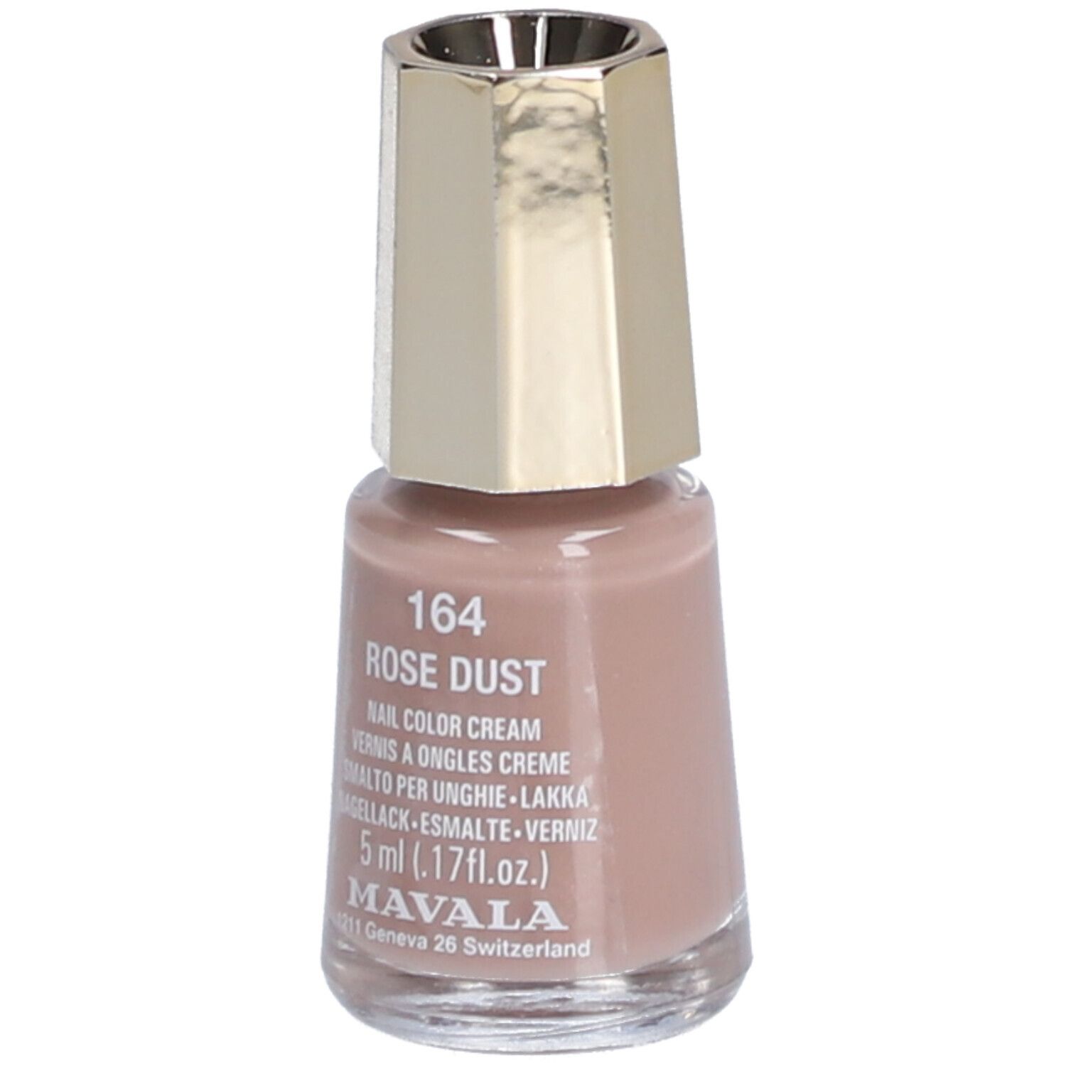 Nagellackflasche, Creme Pink Dust, 5 ml. Goldfarbener Deckel. Aufschrift: 164 Rose Dust, Mavala.