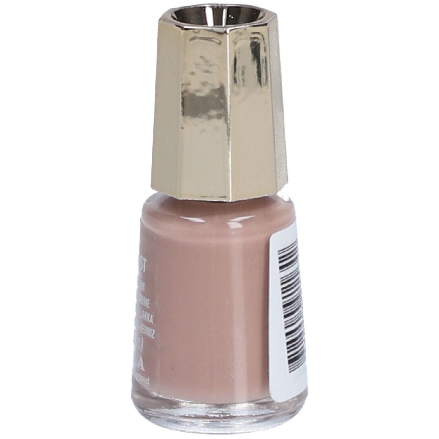 Nagellackflasche, Creme Pink Dust. Goldfarbener Deckel. Barcode auf der Seite. Mavala.