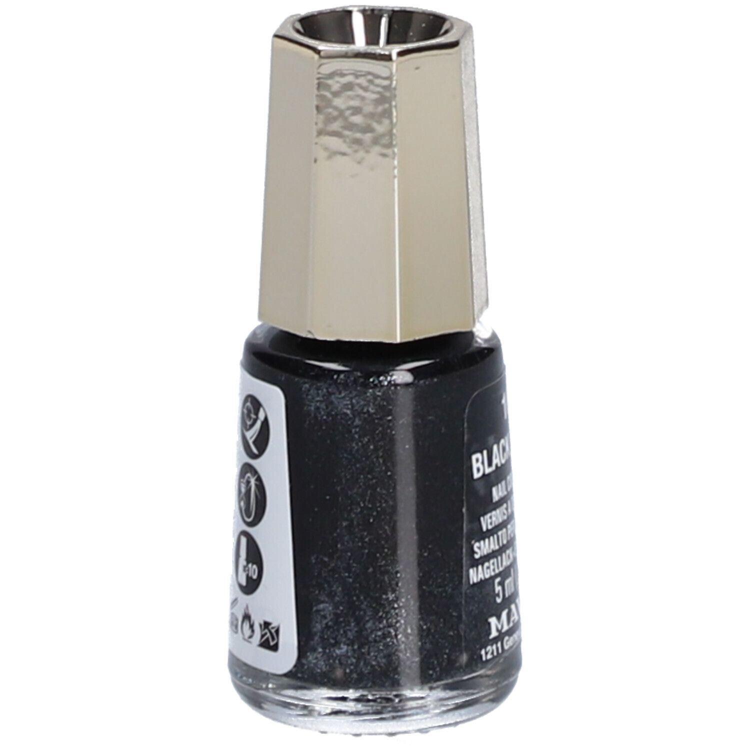 Petit flacon de vernis à ongles noir avec bouchon argenté. Symboles et code-barres sur le côté.