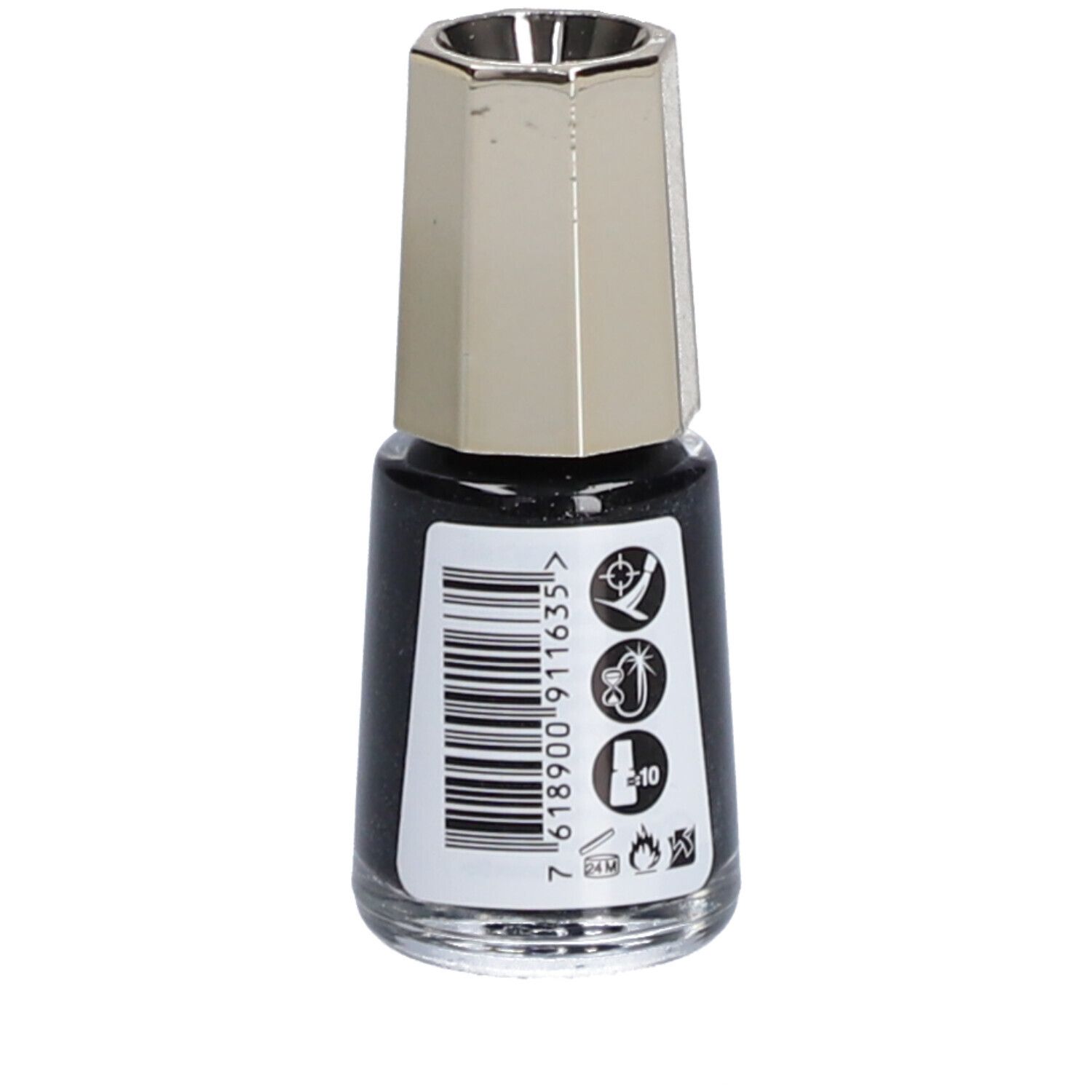 Dos d'un petit flacon de vernis à ongles noir. Code-barres, symboles et texte visibles.