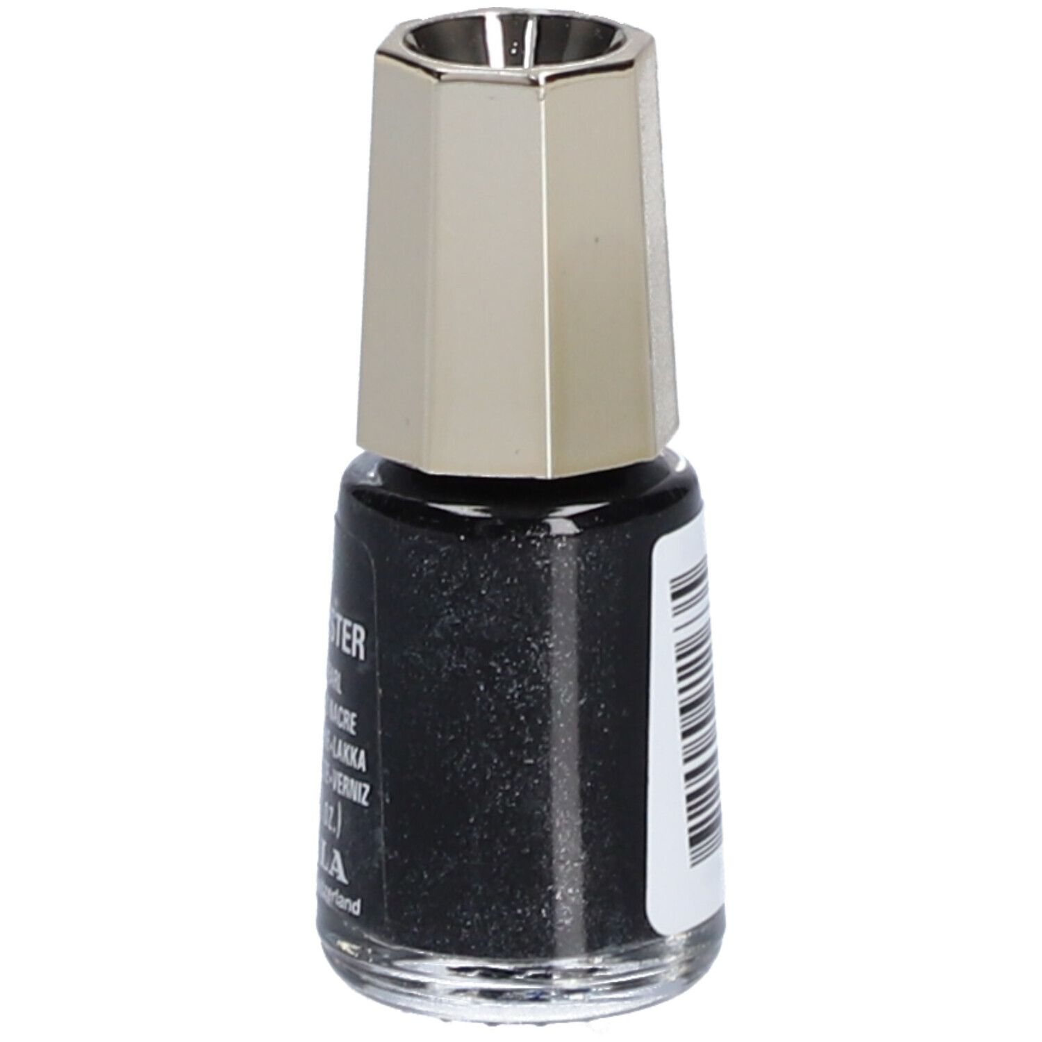 Petit flacon de vernis à ongles noir avec bouchon argenté. Inscription : Black Oyster, 5 ml.