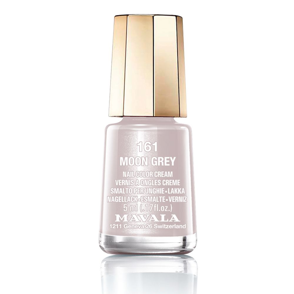 Flacon de vernis à ongles gris clair. Nom: 161 Moon Grey, Nail Color Cream. Marque: Mavala. 5 ml.