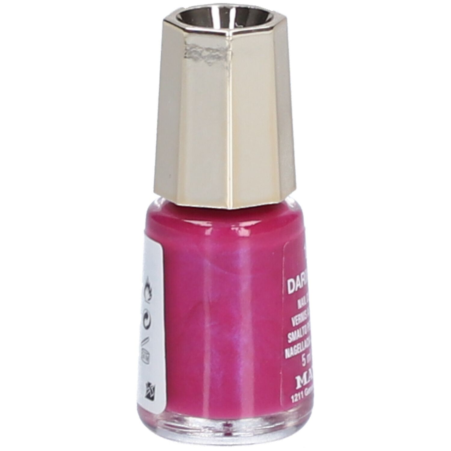 Nagellackflasche mit pinkem Inhalt. Goldfarbener Deckel. Aufschrift teilweise sichtbar.