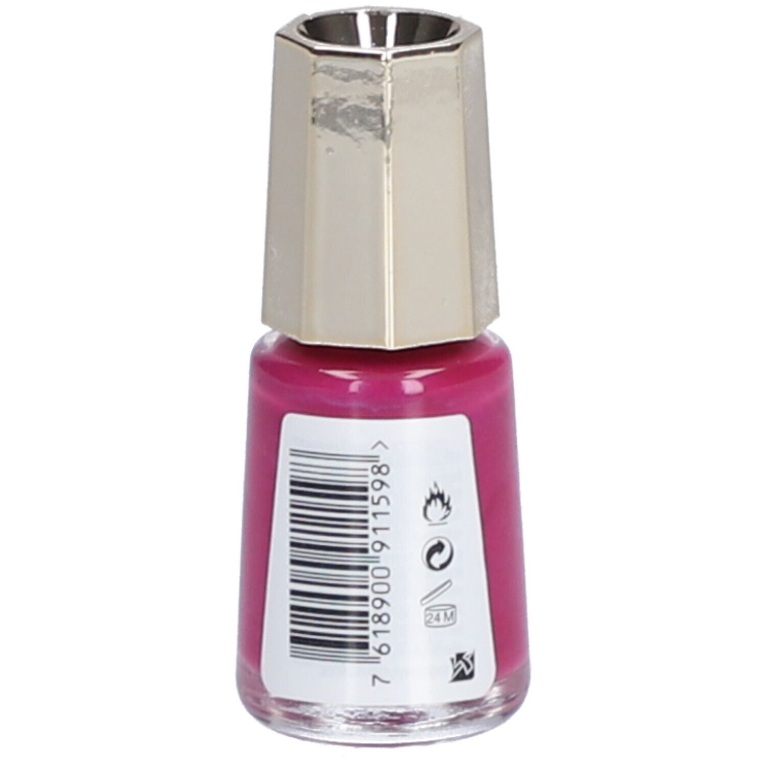 Nagellackflasche mit pinkem Inhalt. Goldfarbener Deckel. Barcode und Symbole auf Etikett.