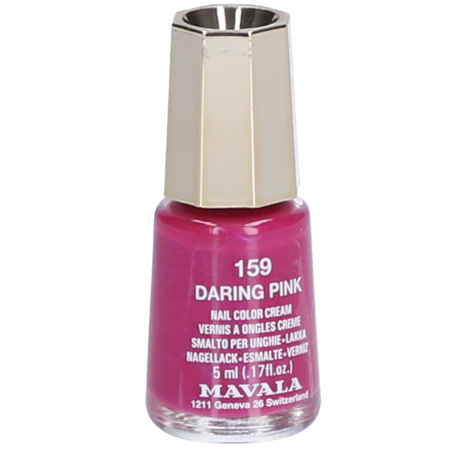Nagellackflasche mit pinkem Inhalt. Goldfarbener Deckel. Aufschrift: 159 Daring Pink, Nail Color Creme, 5 ml.